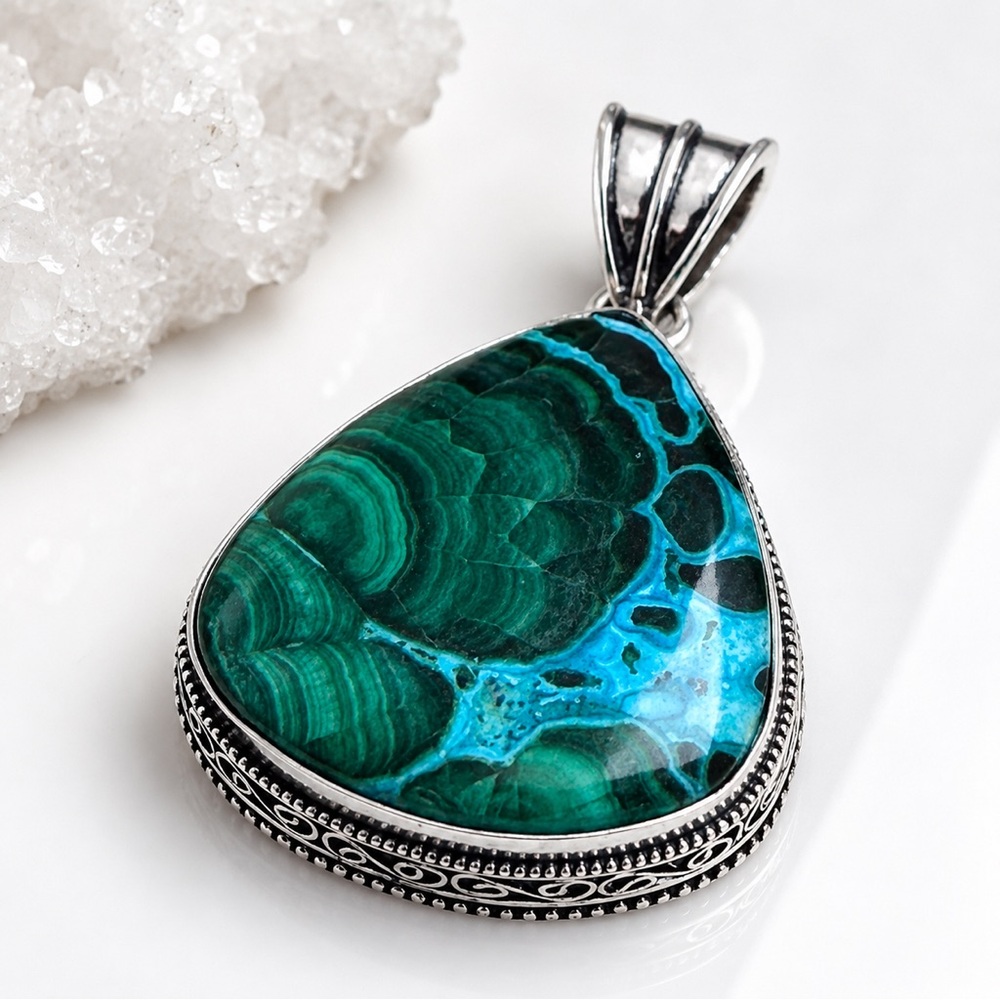 Artisan Handcrafted Jewelry Green Malachite Teardrop Pendant Statement